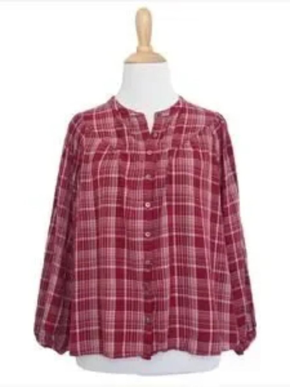 Plaid Balloon-Sleeve Button-Front Top in Red